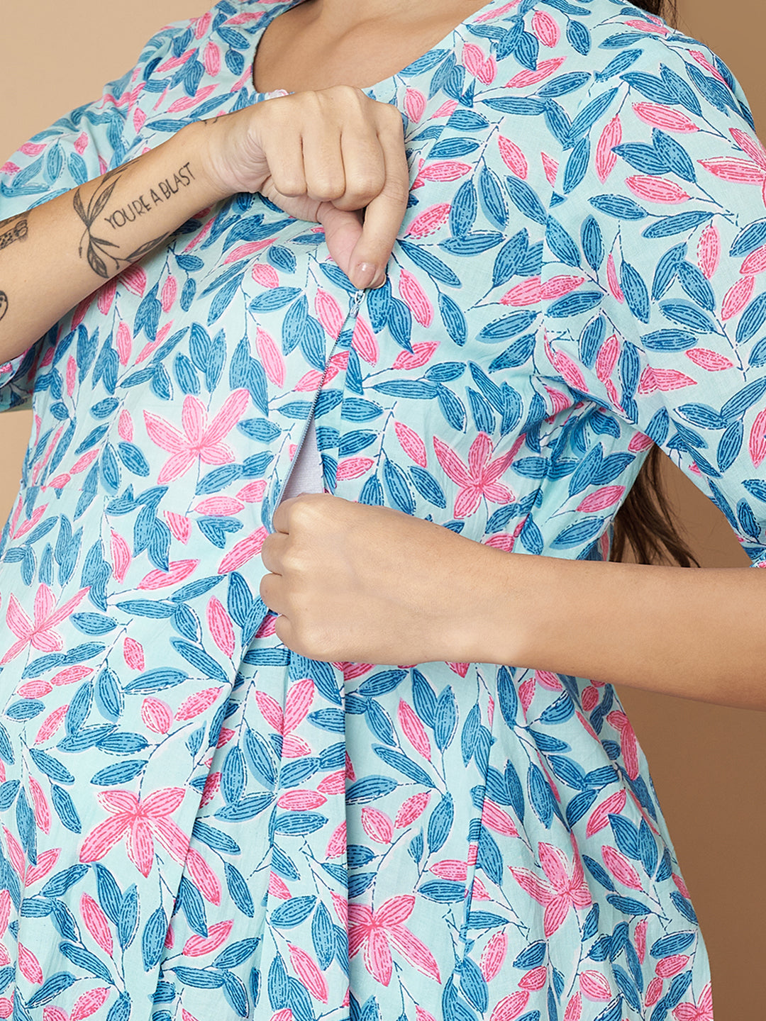 Sky Blue Floral Printed Maternity Co-Ord Set with Zip