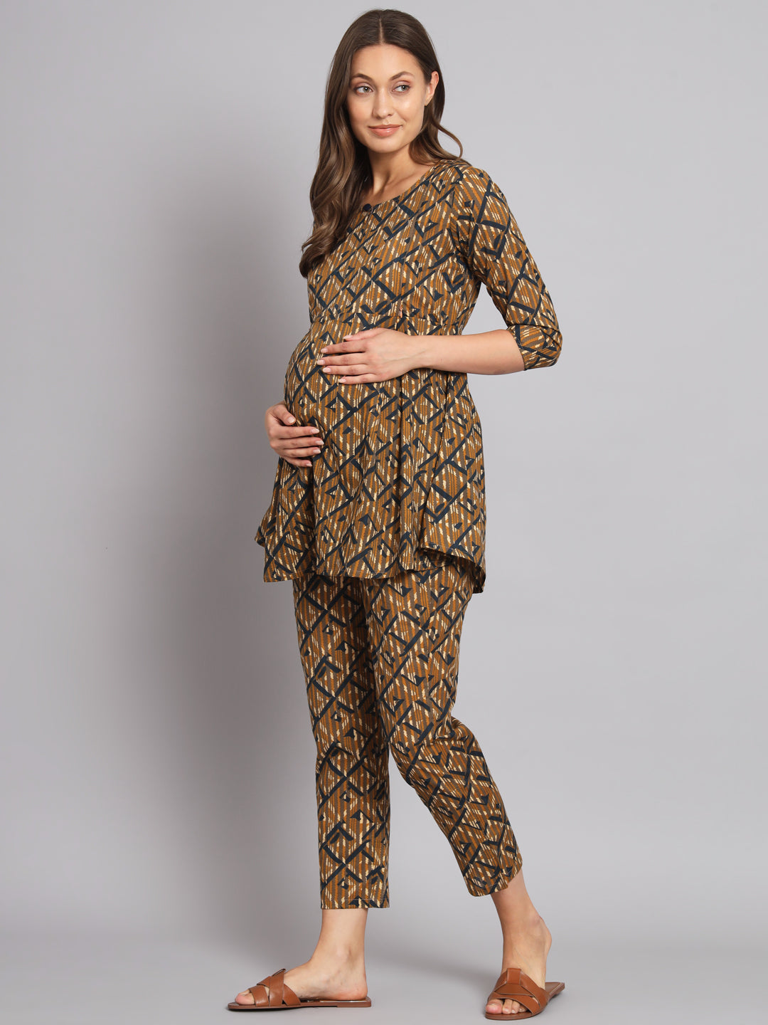 Brown Abstract Printed Maternity Co-Ord Set with Zip