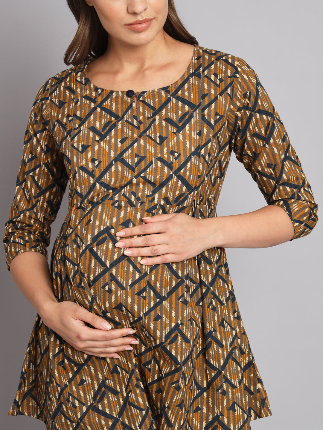 Brown Abstract Printed Maternity Co-Ord Set with Zip