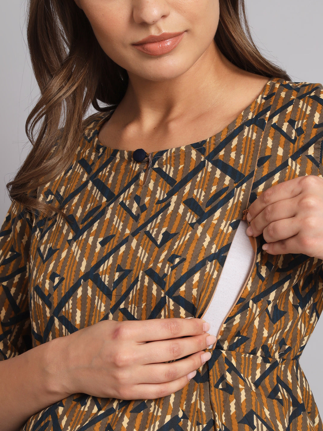 Brown Abstract Printed Maternity Co-Ord Set with Zip