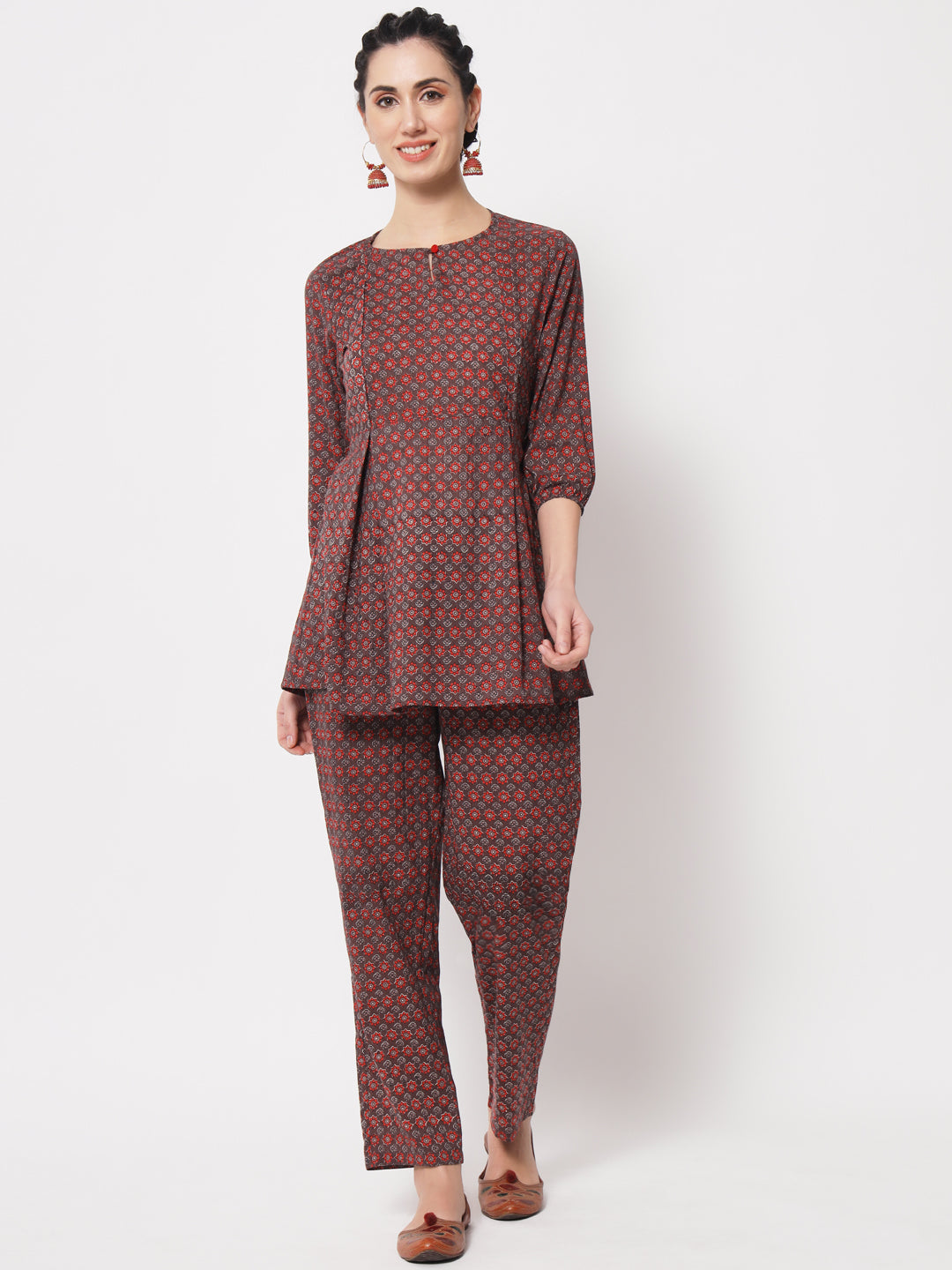 Maroon Abstract Printed Maternity Co-Ord Set with Zip