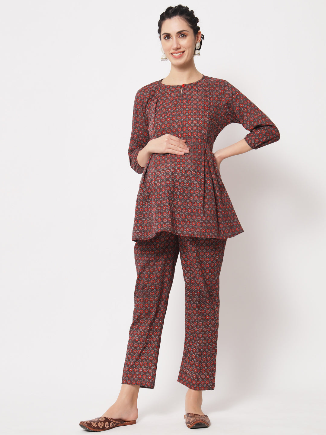 Maroon Abstract Printed Maternity Co-Ord Set with Zip