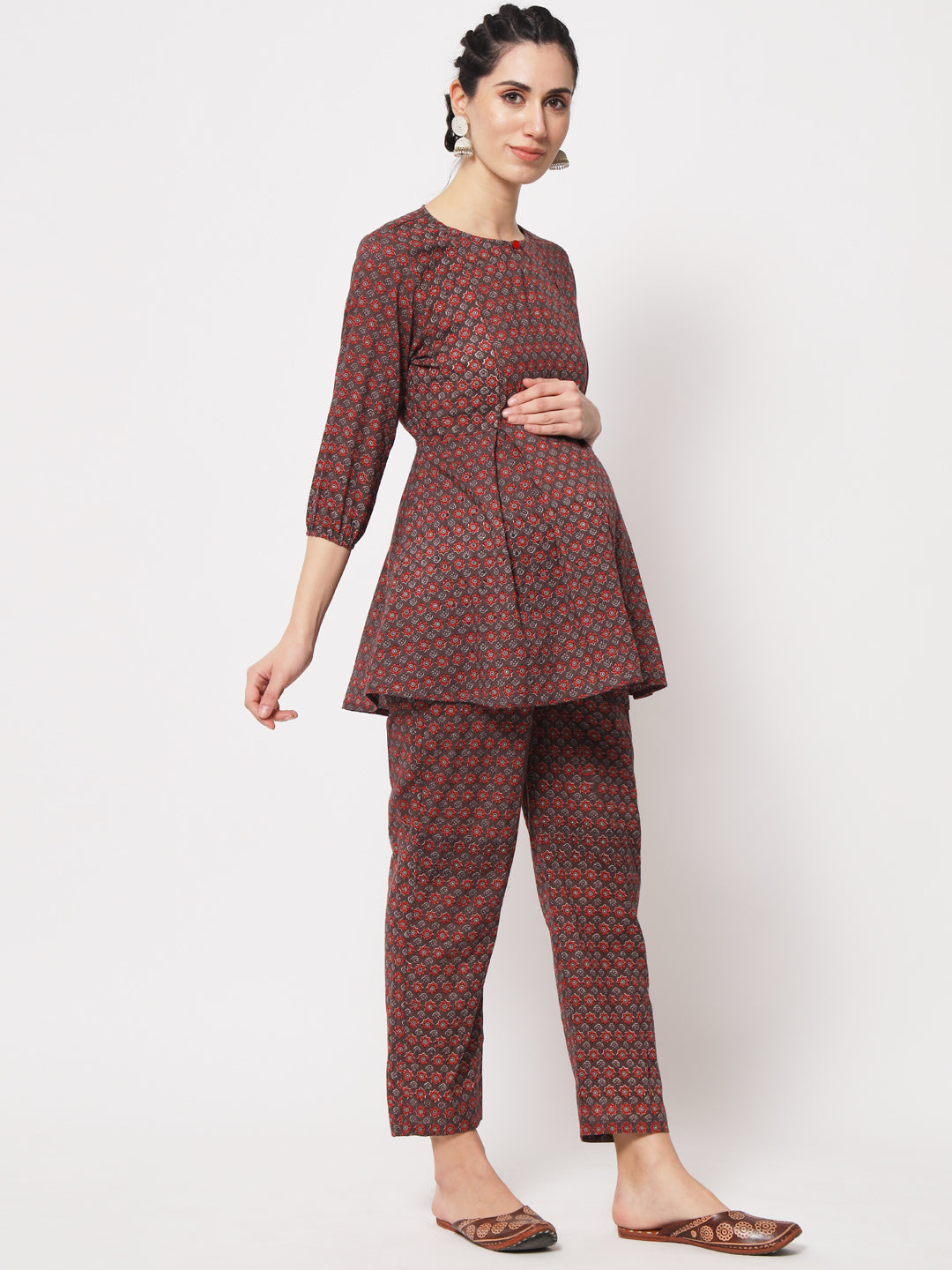 Maroon Abstract Printed Maternity Co-Ord Set with Zip