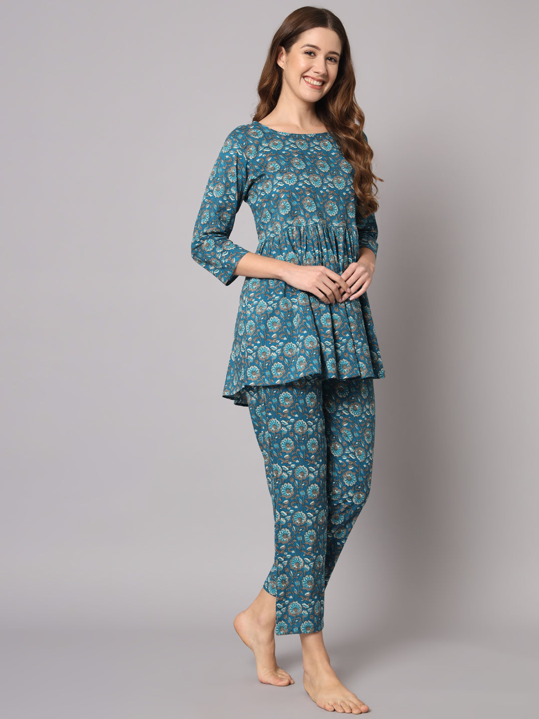 Teal Green Flower Printed Cotton Co-Ord Set
