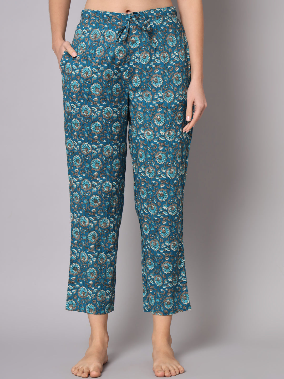 Teal Green Flower Printed Cotton Co-Ord Set