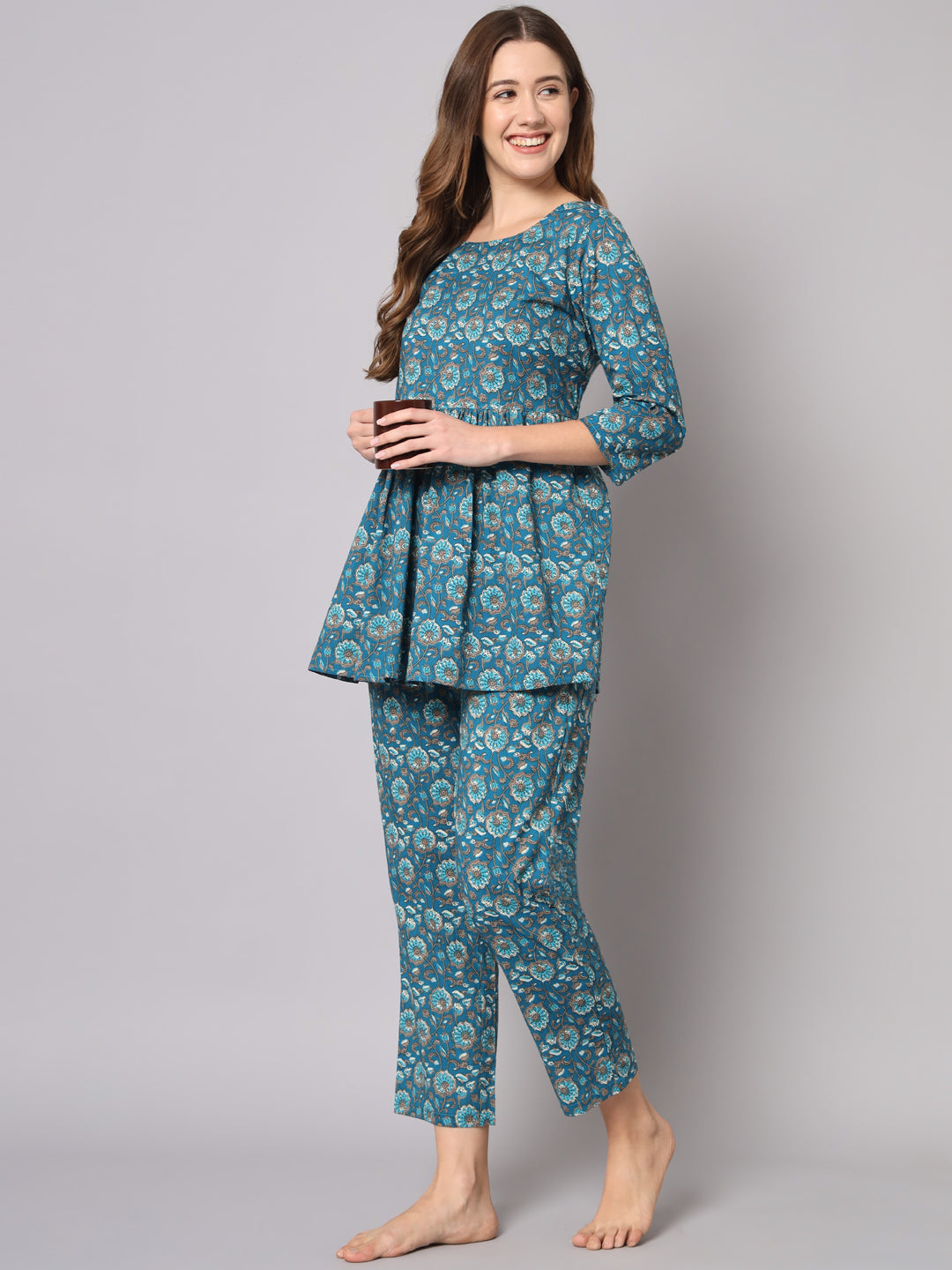 Teal Green Flower Printed Cotton Co-Ord Set