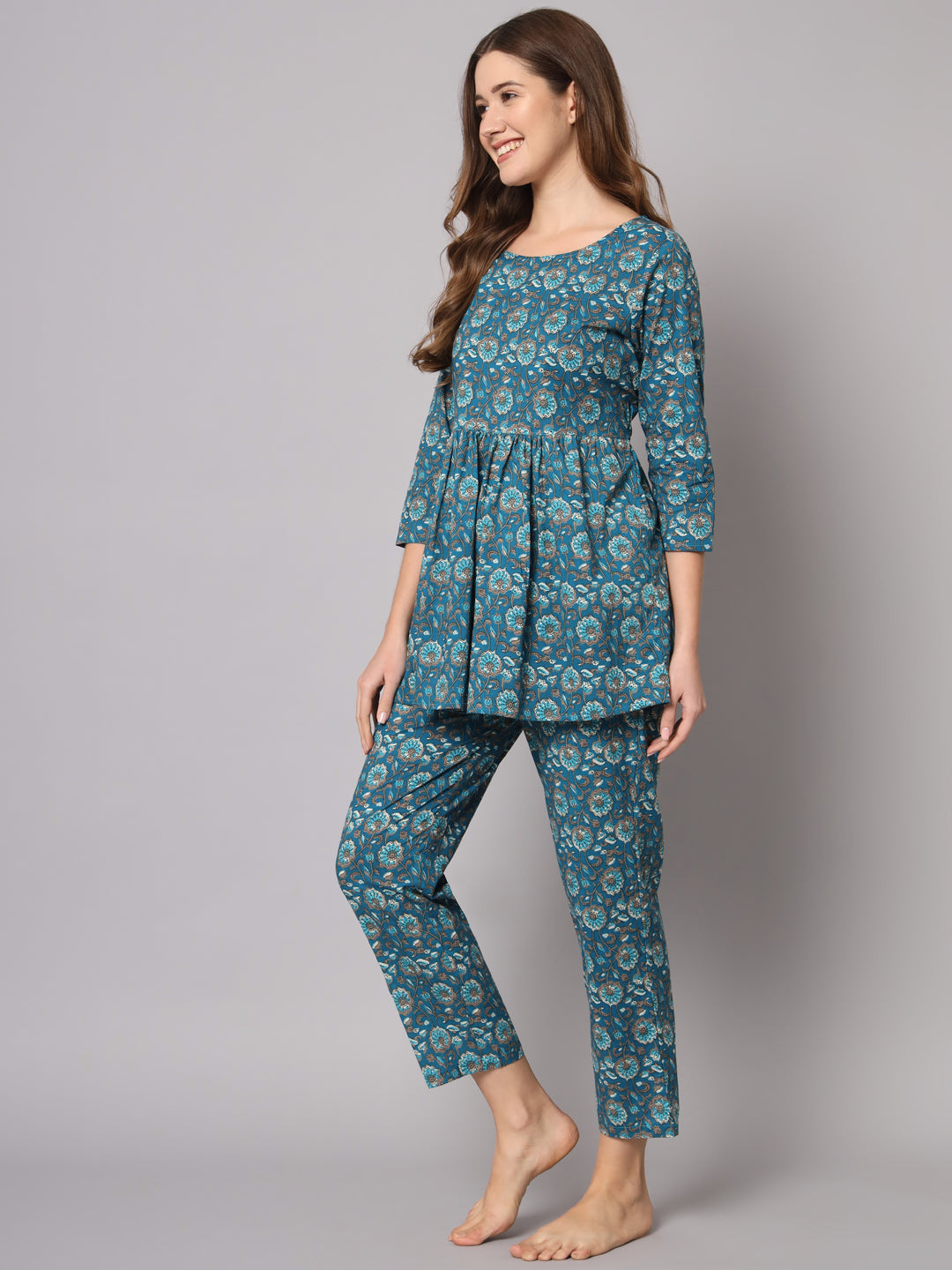 Teal Green Flower Printed Cotton Co-Ord Set