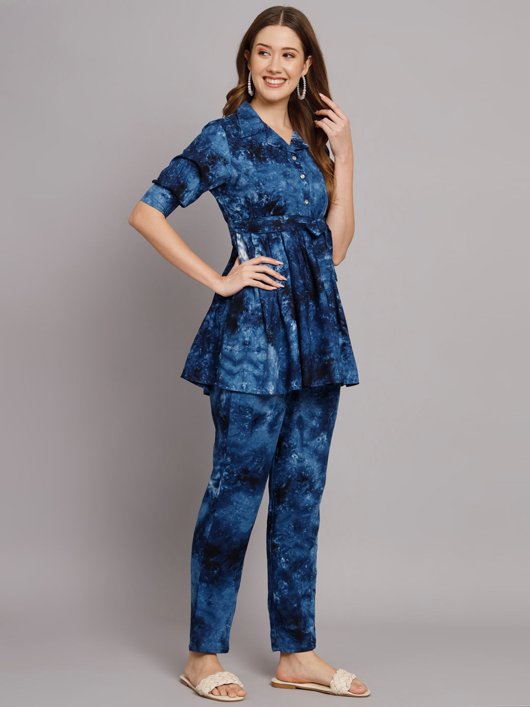 Navy Blue Tie Dye Printed Box Pleated Co-Ord Set