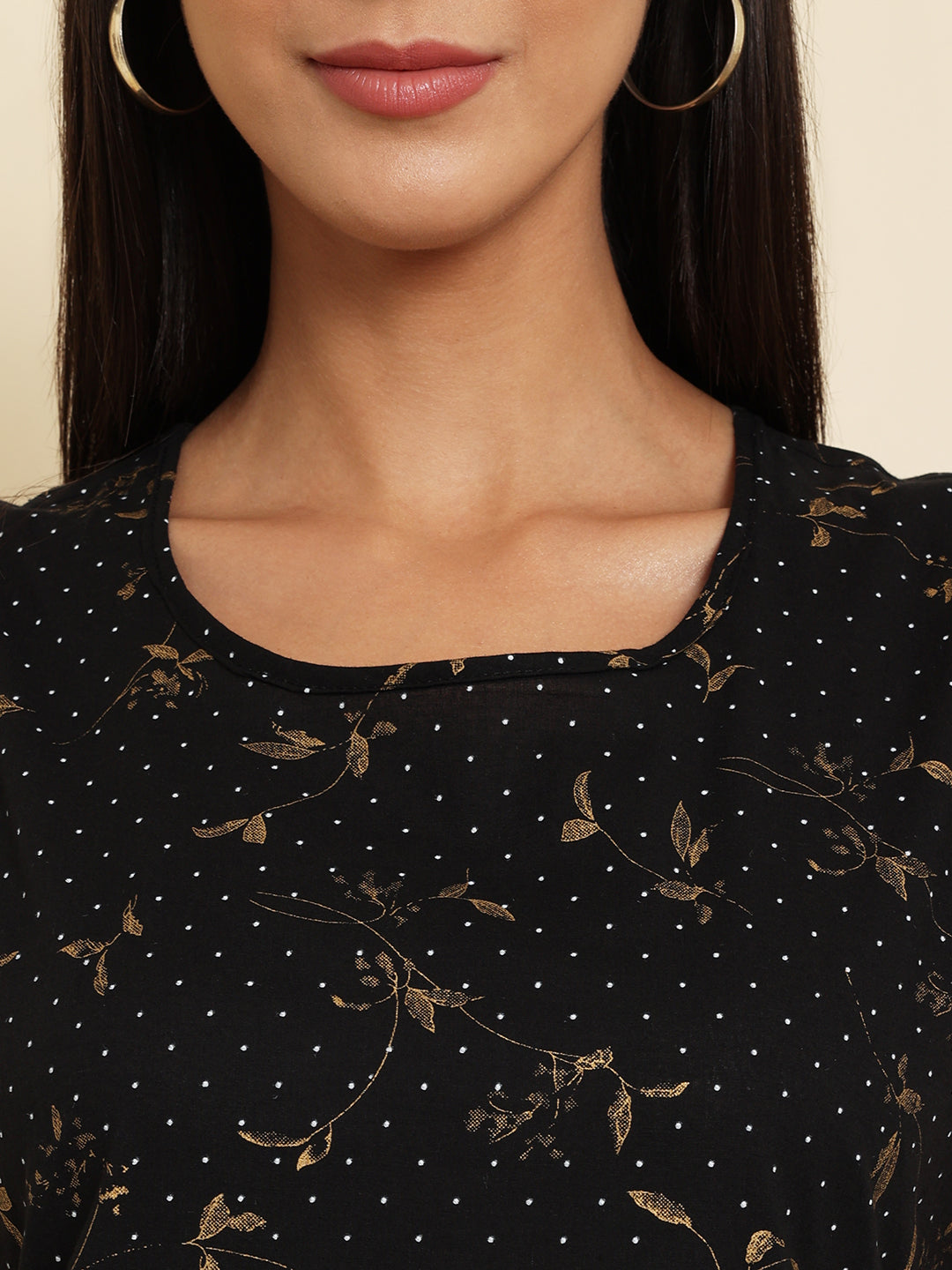 Black Polka Dots Floral Printed Cotton Night Suit