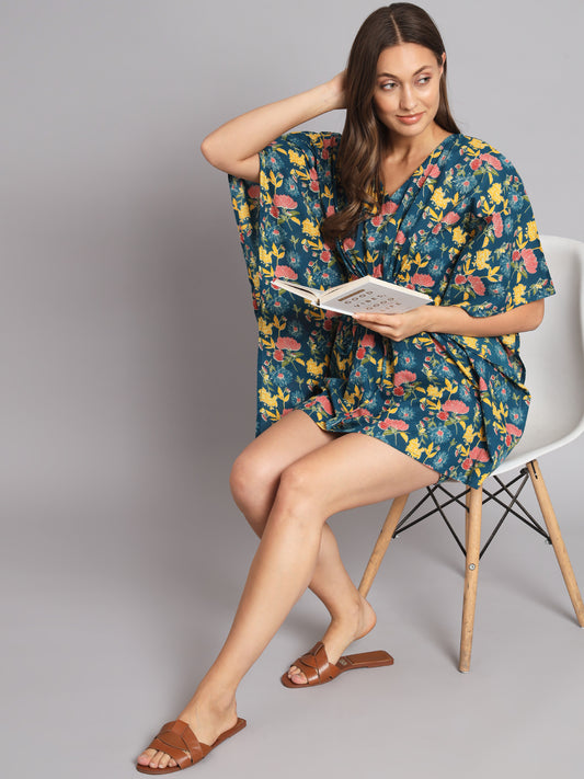 Teal Blue Flower Printed Kaftan with Shorts