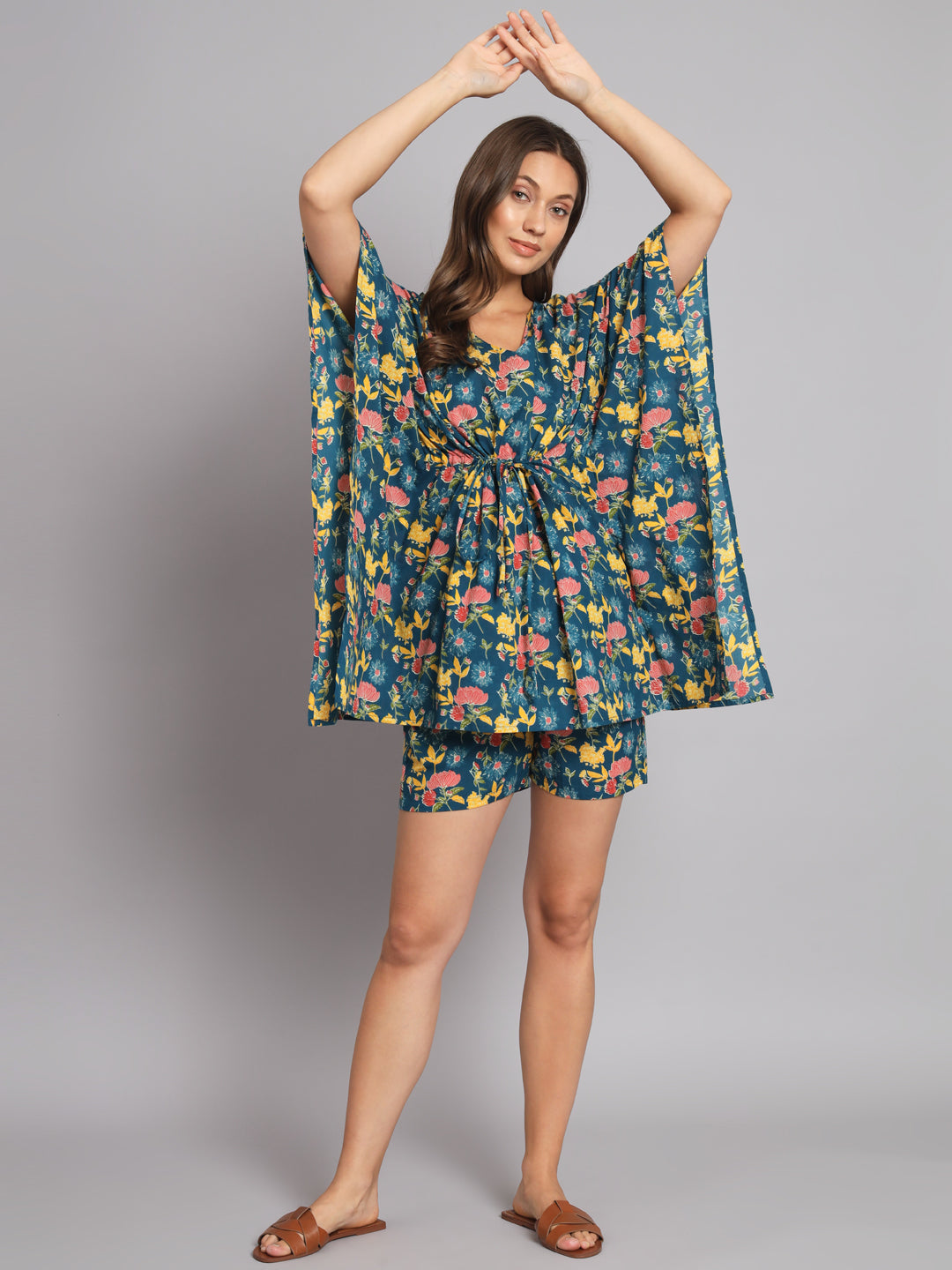 Teal Blue Flower Printed Kaftan with Shorts
