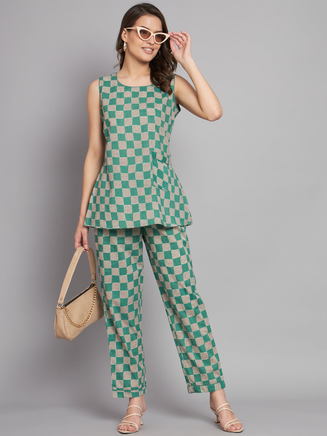Green Checks Printed Cotton Sleeveless top with Pant