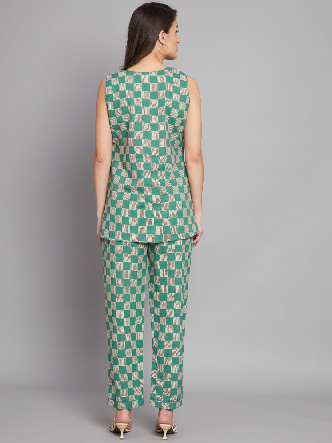 Green Checks Printed Cotton Sleeveless top with Pant