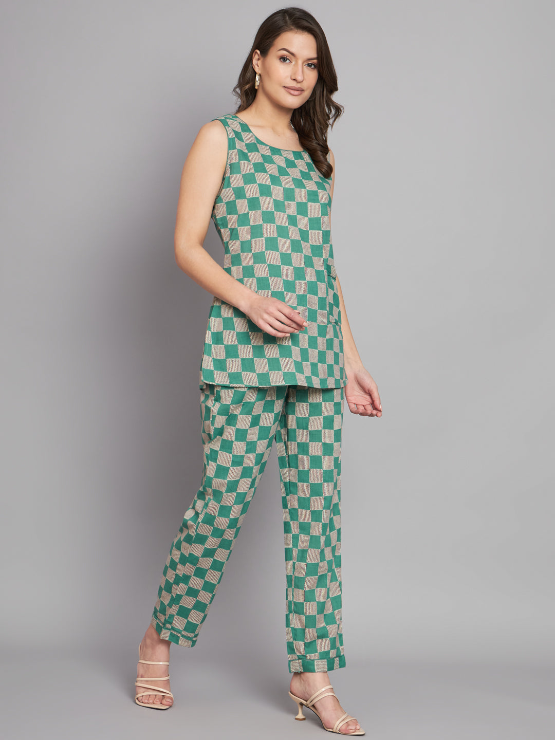 Green Checks Printed Cotton Sleeveless top with Pant