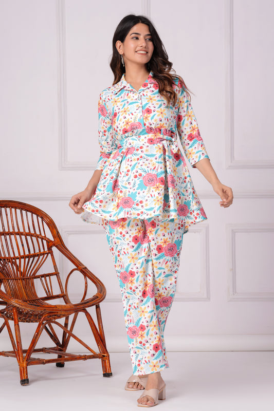White Floral Digital Printed Collar Co-Ord Set