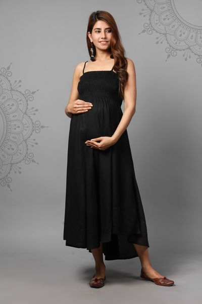 Solid Black Color Shoulder Straps Maternity Gown