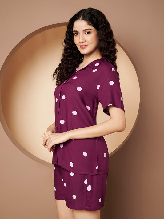 Wine Printed Pure Cotton Top  With Short Pant Co-Ord
