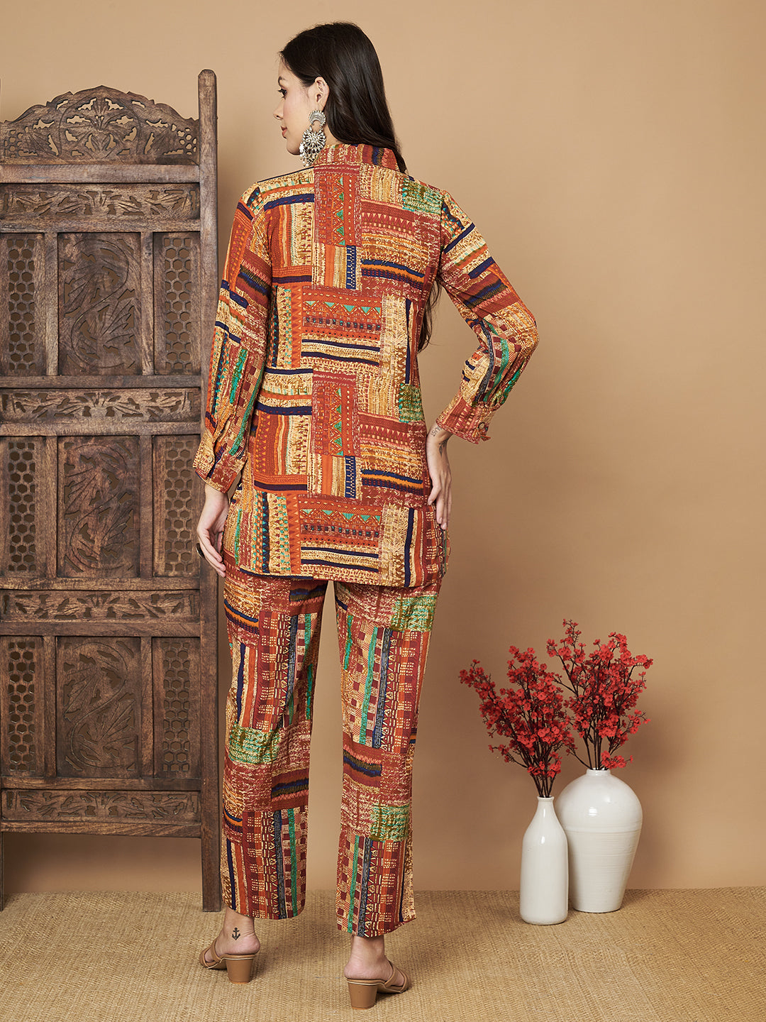 Printed Brown Shirt with Trouser Co-Ord Set