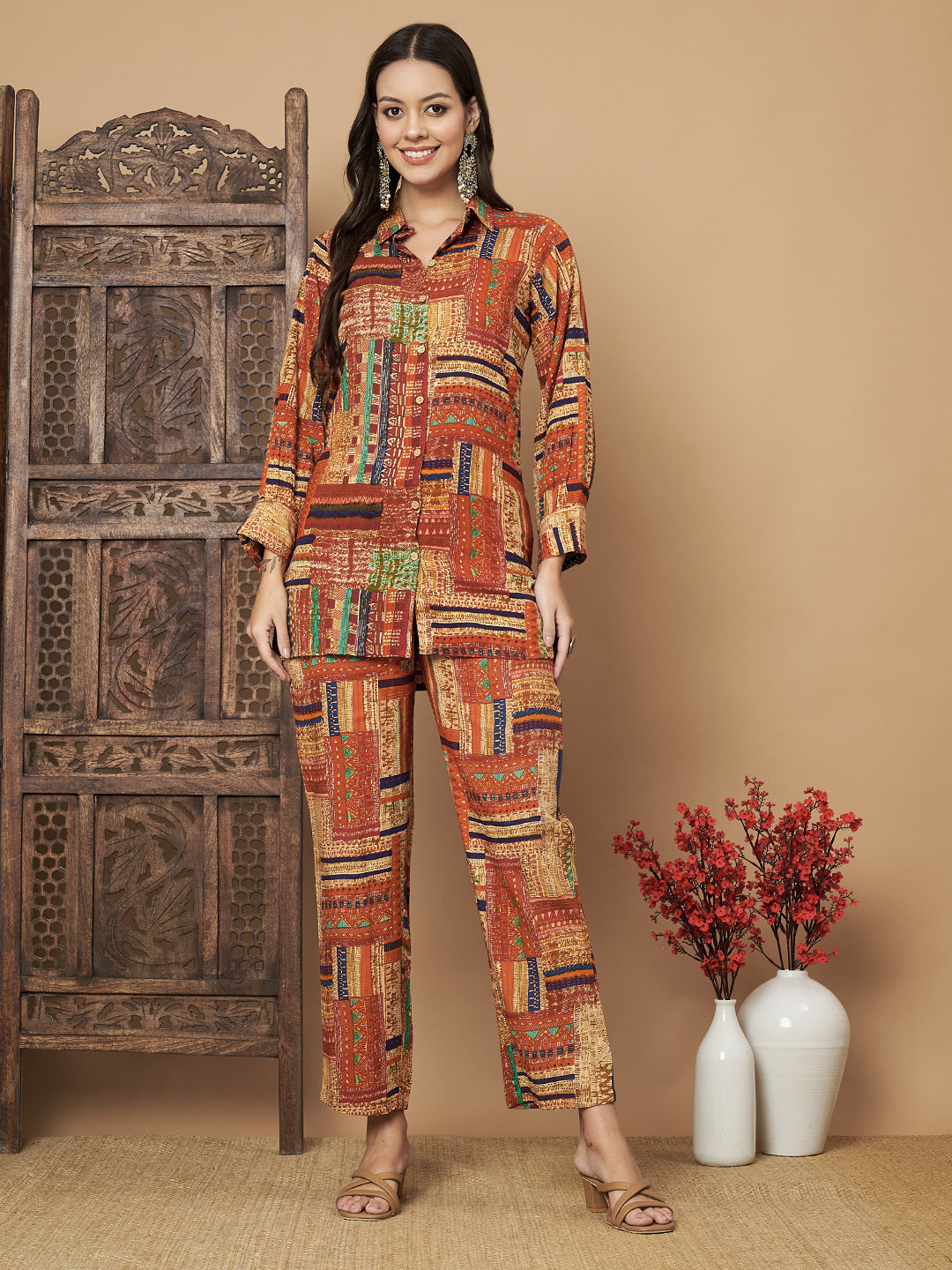Printed Brown Shirt with Trouser Co-Ord Set