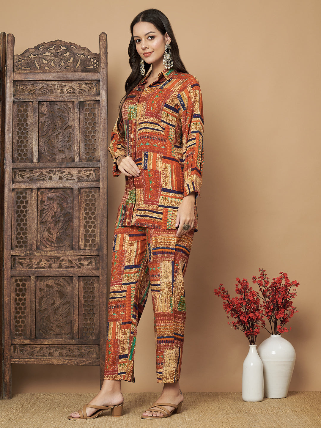 Printed Brown Shirt with Trouser Co-Ord Set