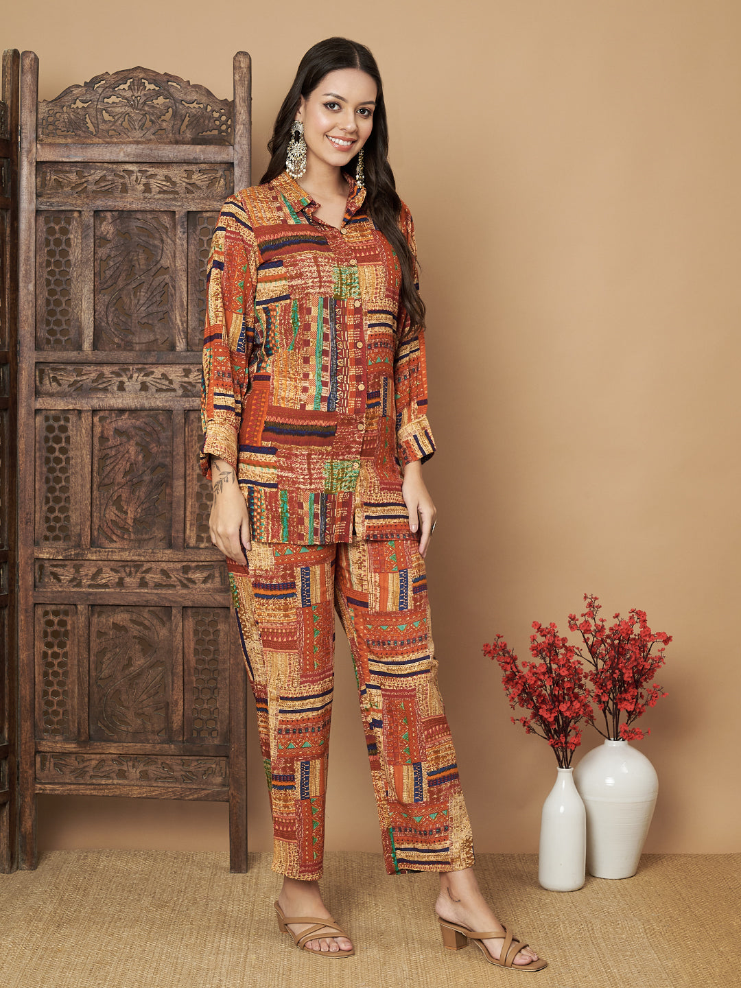 Printed Brown Shirt with Trouser Co-Ord Set