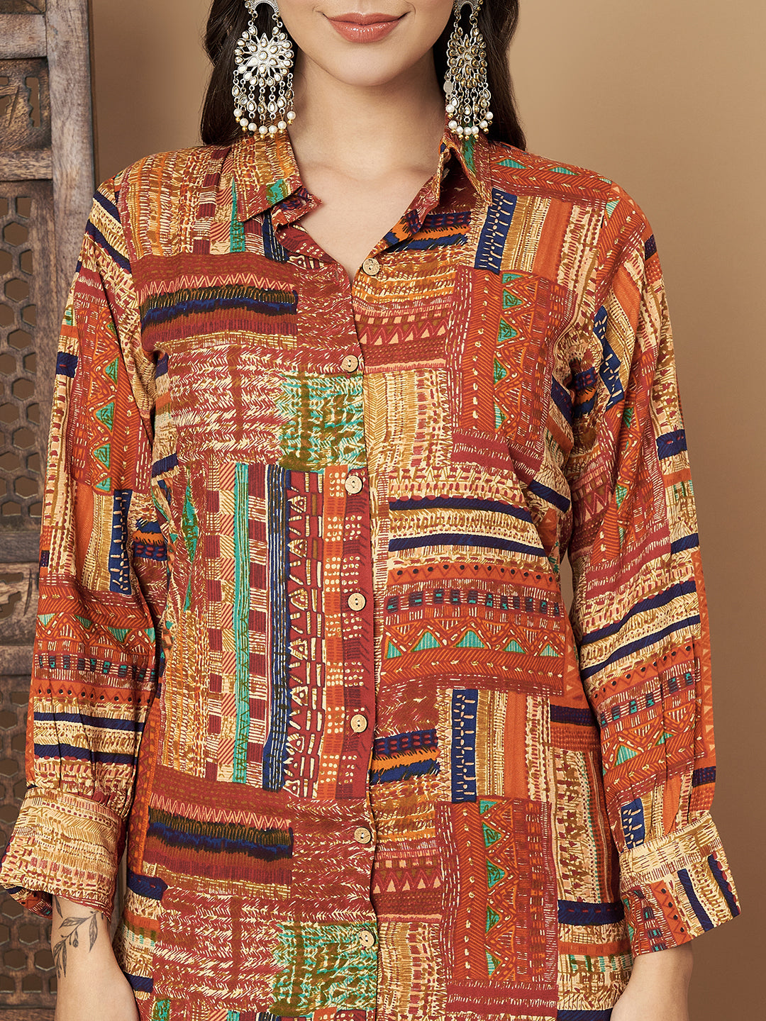 Printed Brown Shirt with Trouser Co-Ord Set