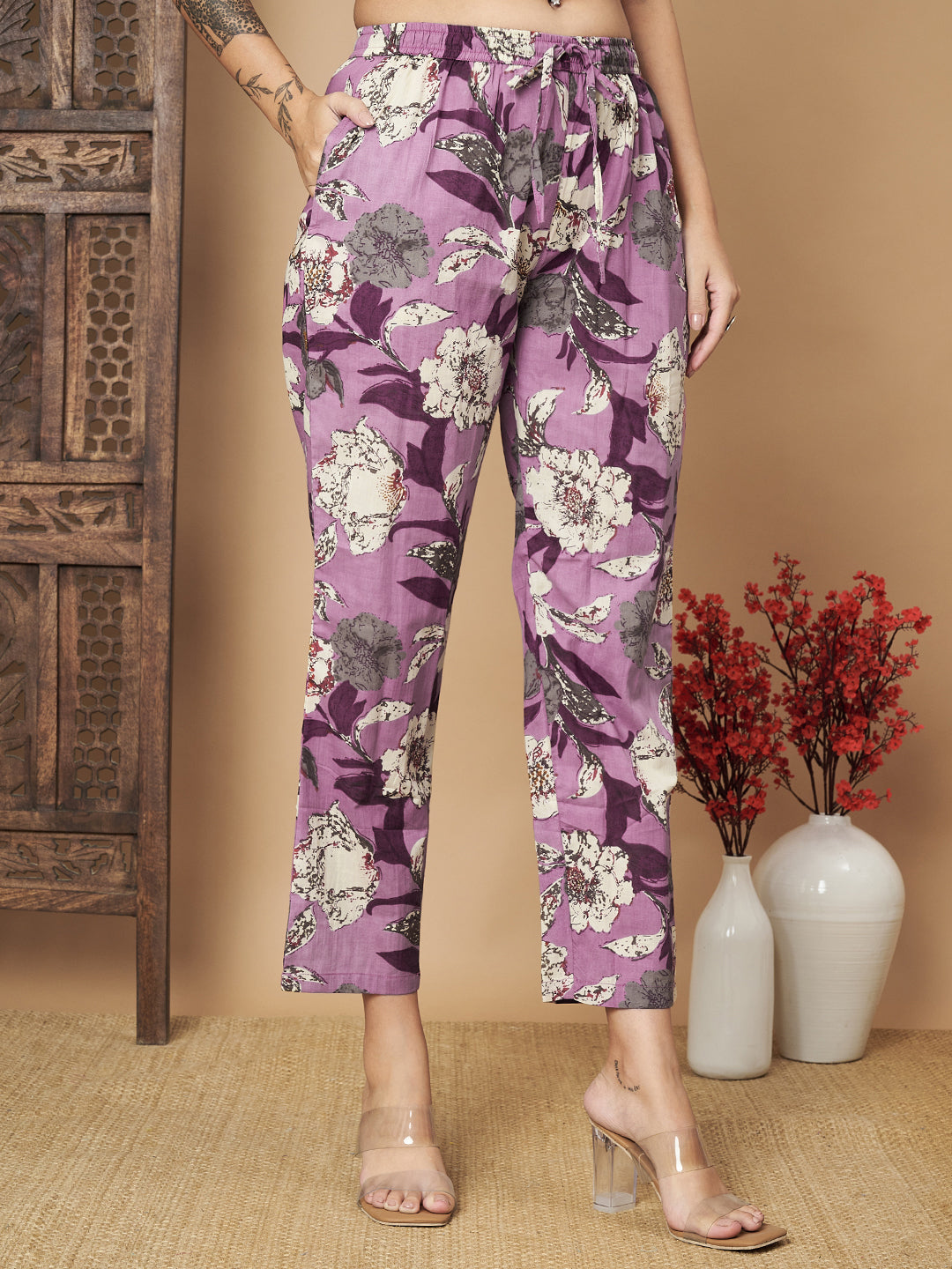 Purple Floral Printed Shirt with Trouser Co-Ord Set