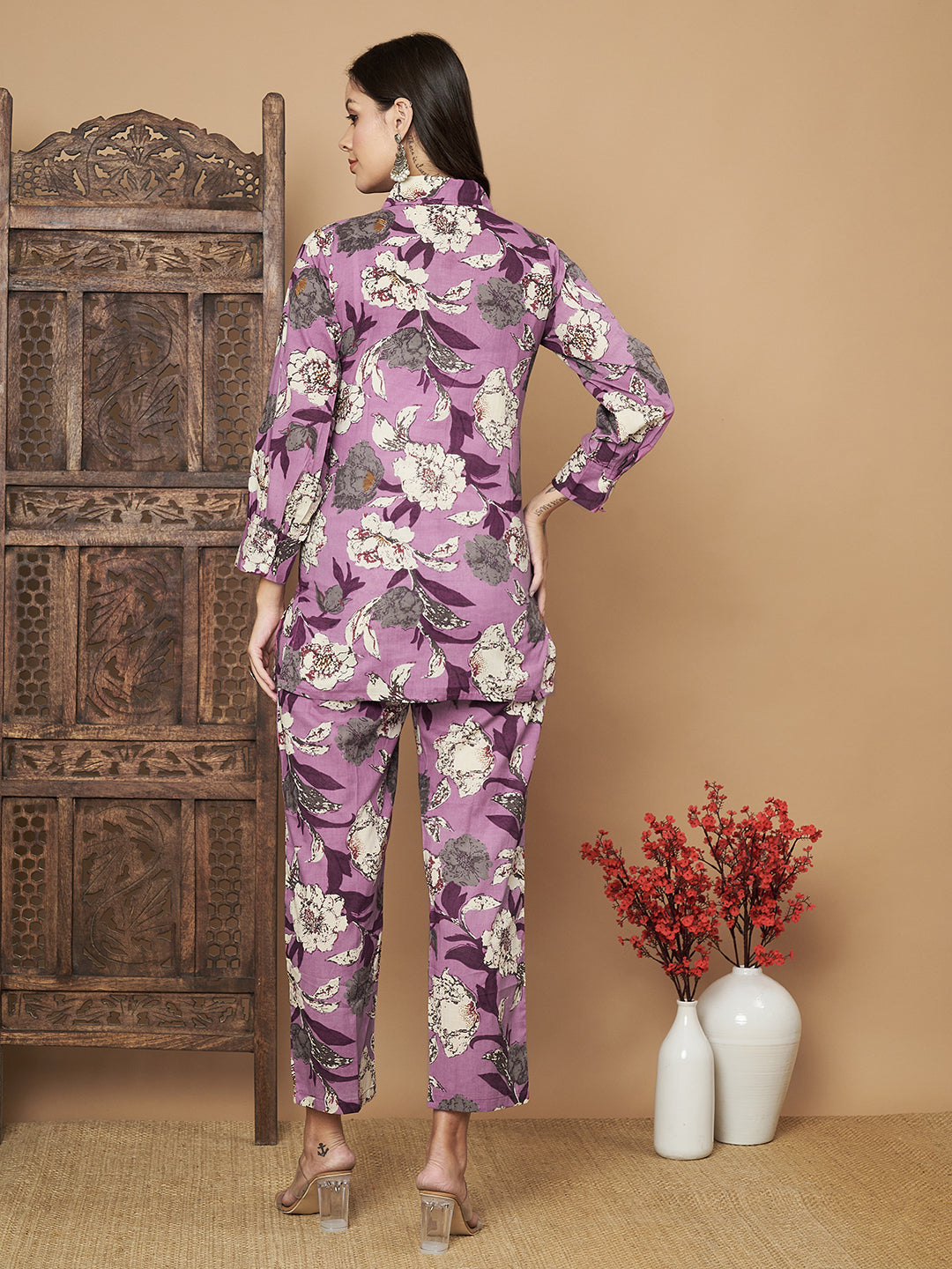 Purple Floral Printed Shirt with Trouser Co-Ord Set