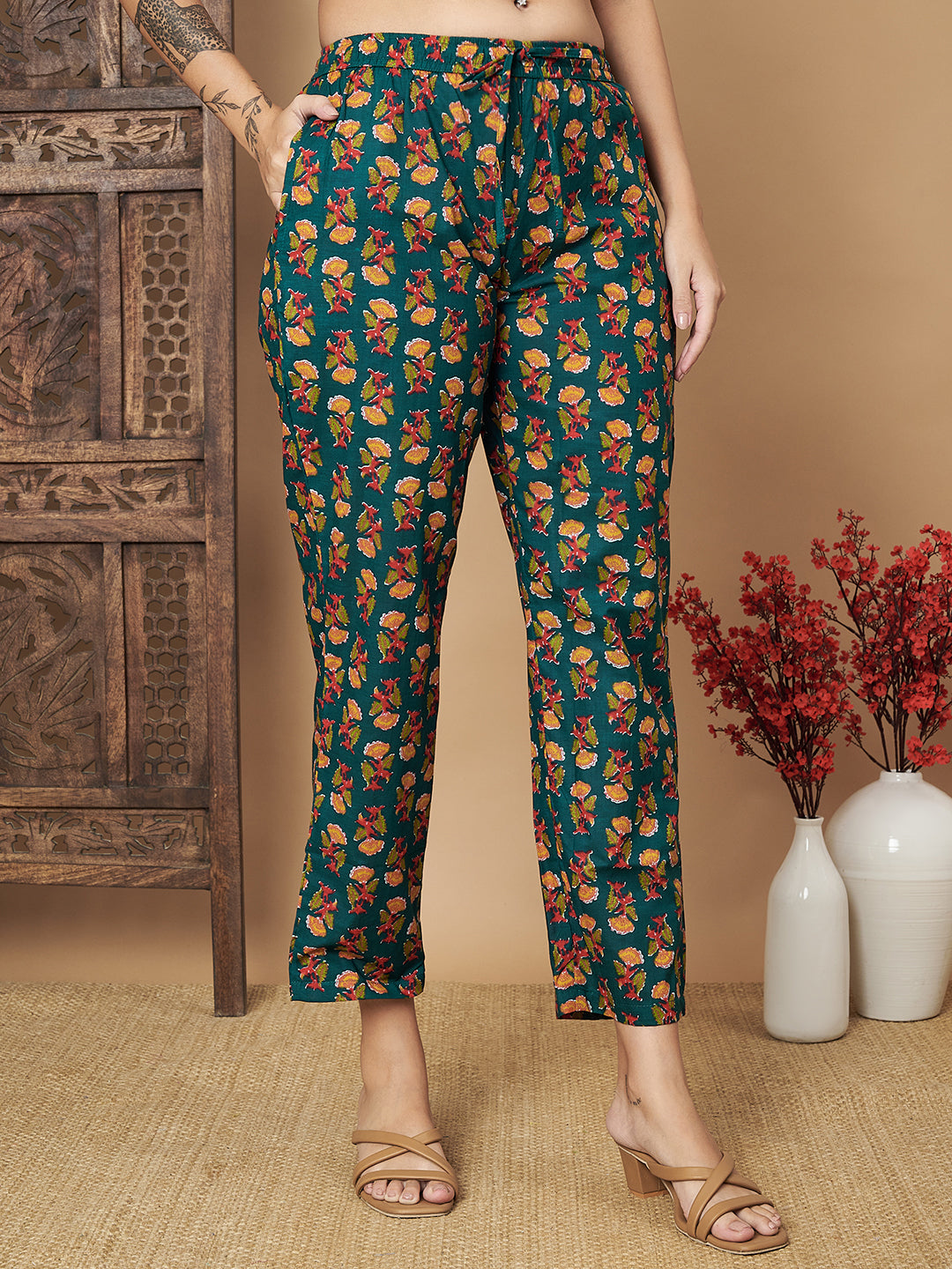 Teal Green Booti Printed Cotton Sleeveless Co-Ord Set