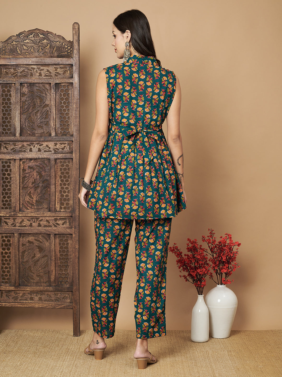 Teal Green Booti Printed Cotton Sleeveless Co-Ord Set