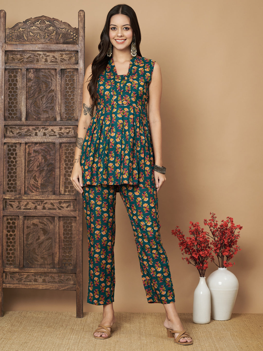 Teal Green Booti Printed Cotton Sleeveless Co-Ord Set