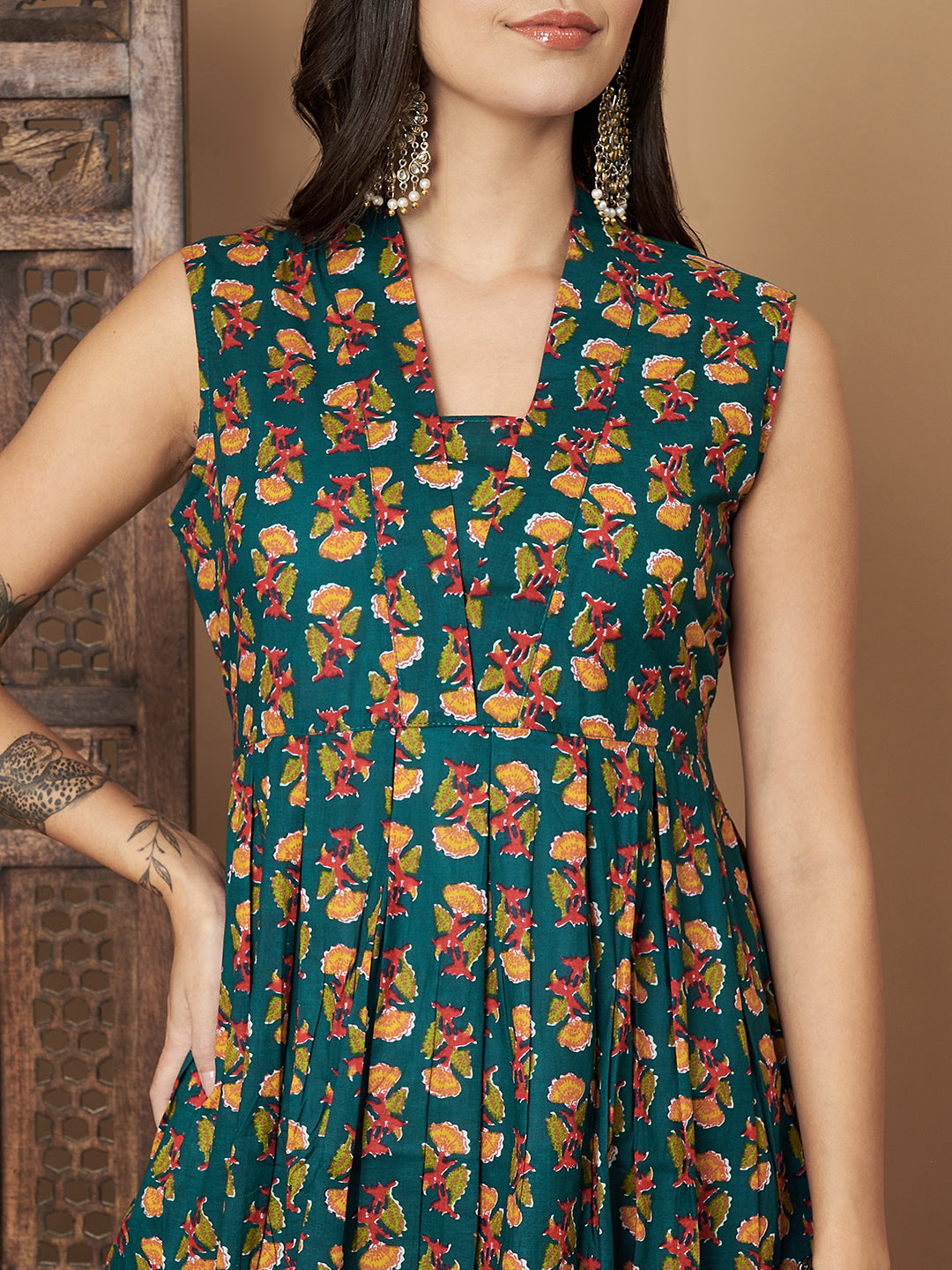 Teal Green Booti Printed Cotton Sleeveless Co-Ord Set