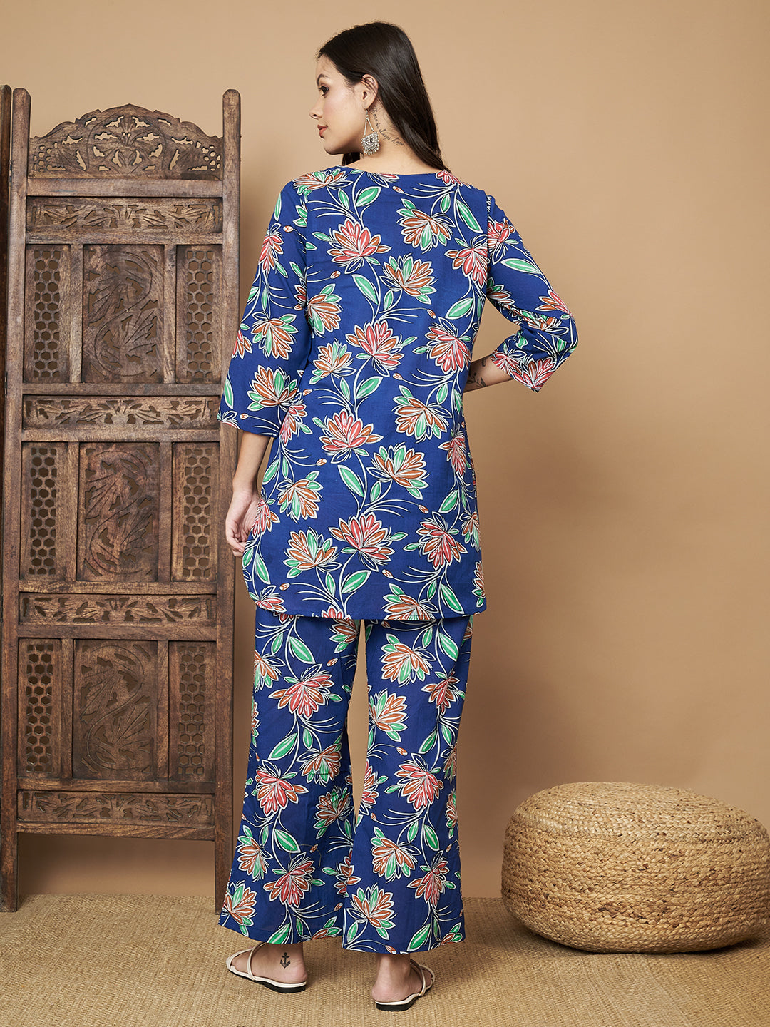 Blue Flower Printed Cotton Co-Ord Set with Pallazo