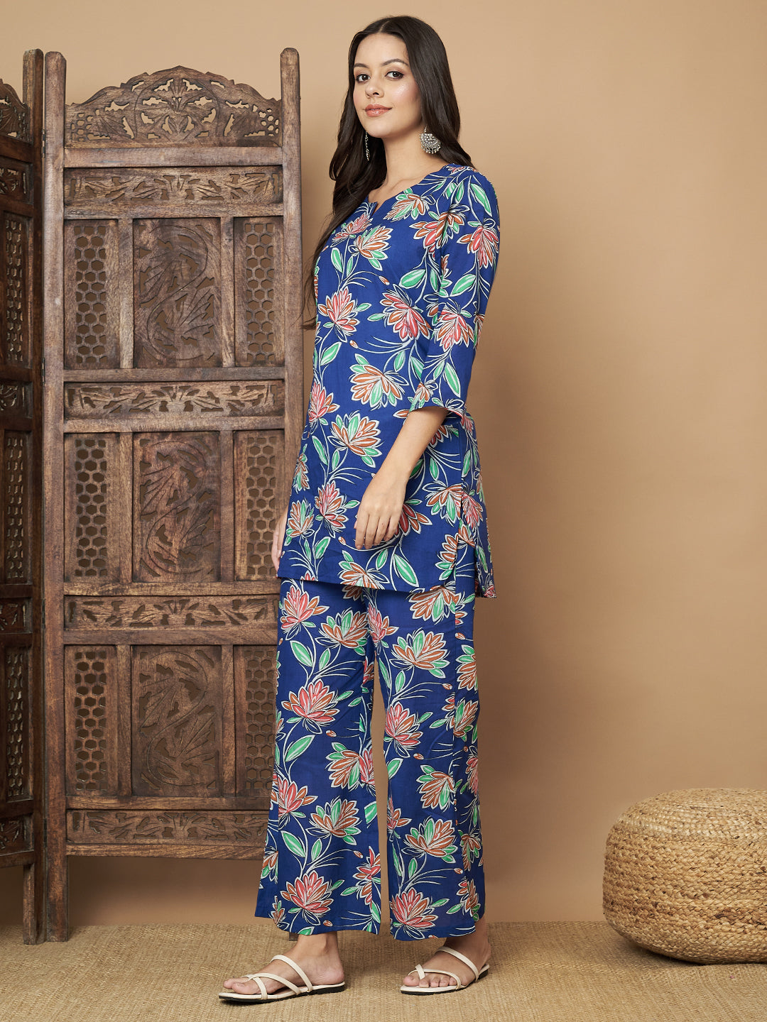 Blue Flower Printed Cotton Co-Ord Set with Pallazo