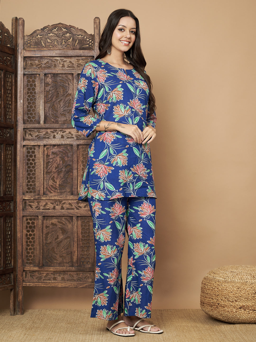 Blue Flower Printed Cotton Co-Ord Set with Pallazo