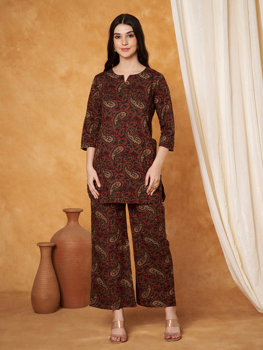 Paisley Maroon Printed Pure Cotton Top With Pallazo