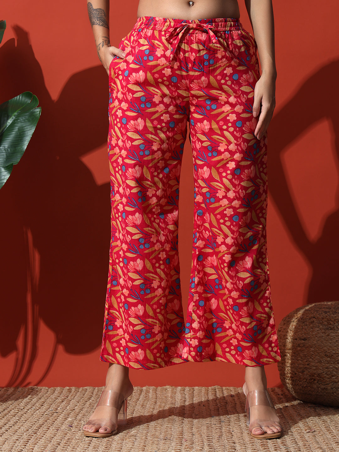 Rani Pink Flower Printed Cotton Co-Ord Set with Pallazo