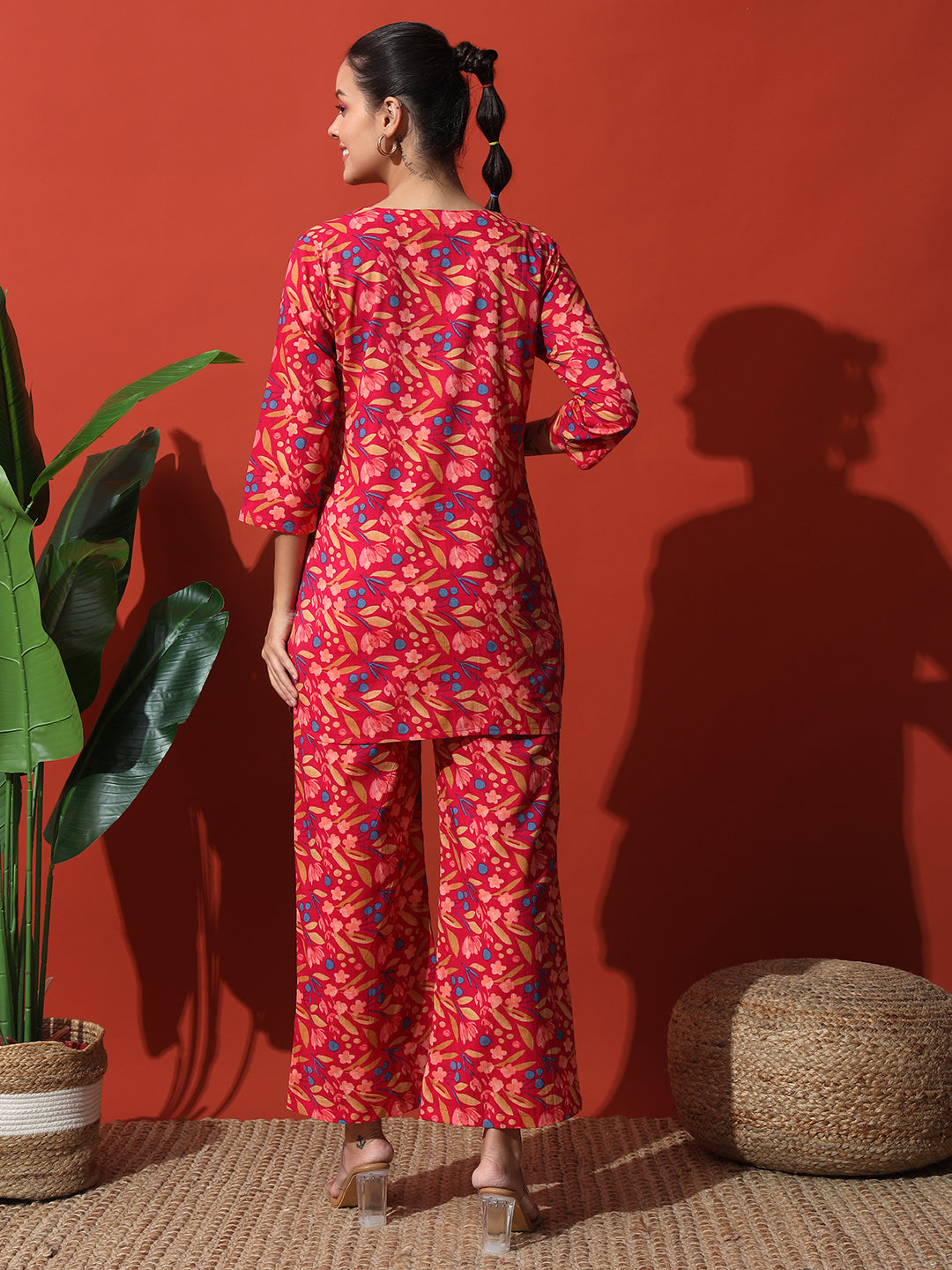 Rani Pink Flower Printed Cotton Co-Ord Set with Pallazo