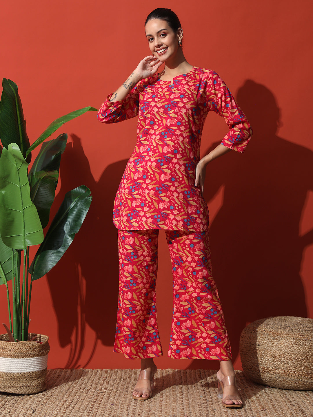 Rani Pink Flower Printed Cotton Co-Ord Set with Pallazo