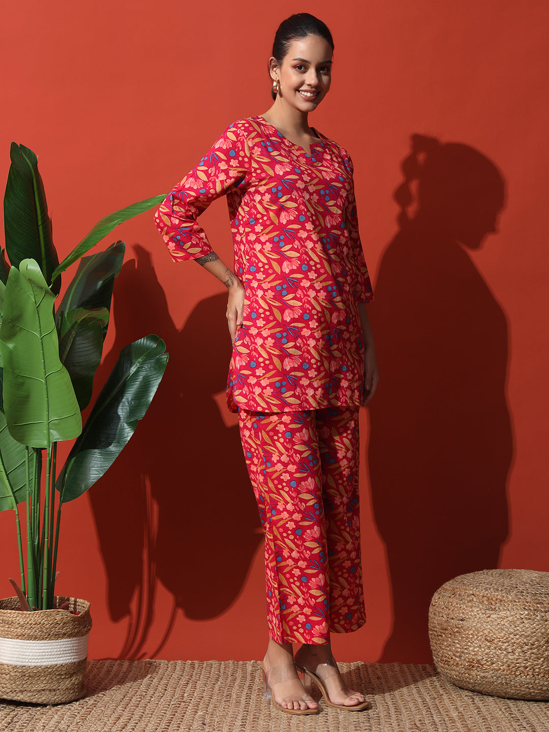 Rani Pink Flower Printed Cotton Co-Ord Set with Pallazo