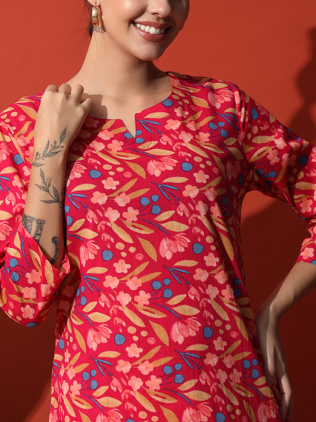 Rani Pink Flower Printed Cotton Co-Ord Set with Pallazo