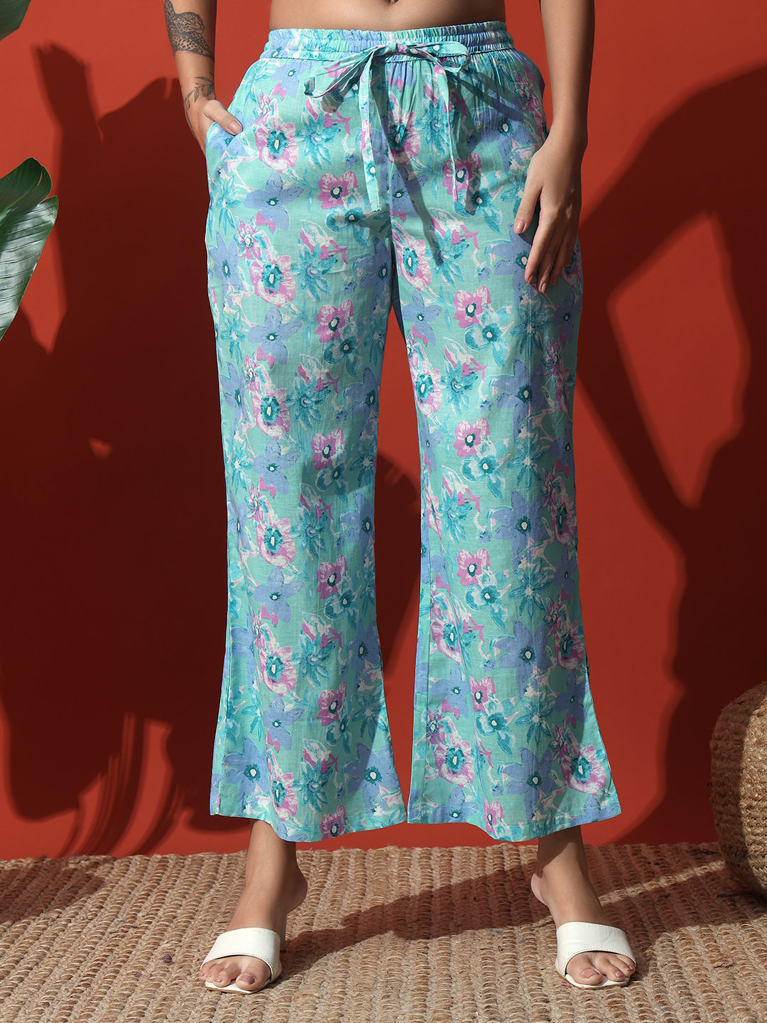 Sky Blue Flower Printed Cotton Co-Ord Set with Pallazo