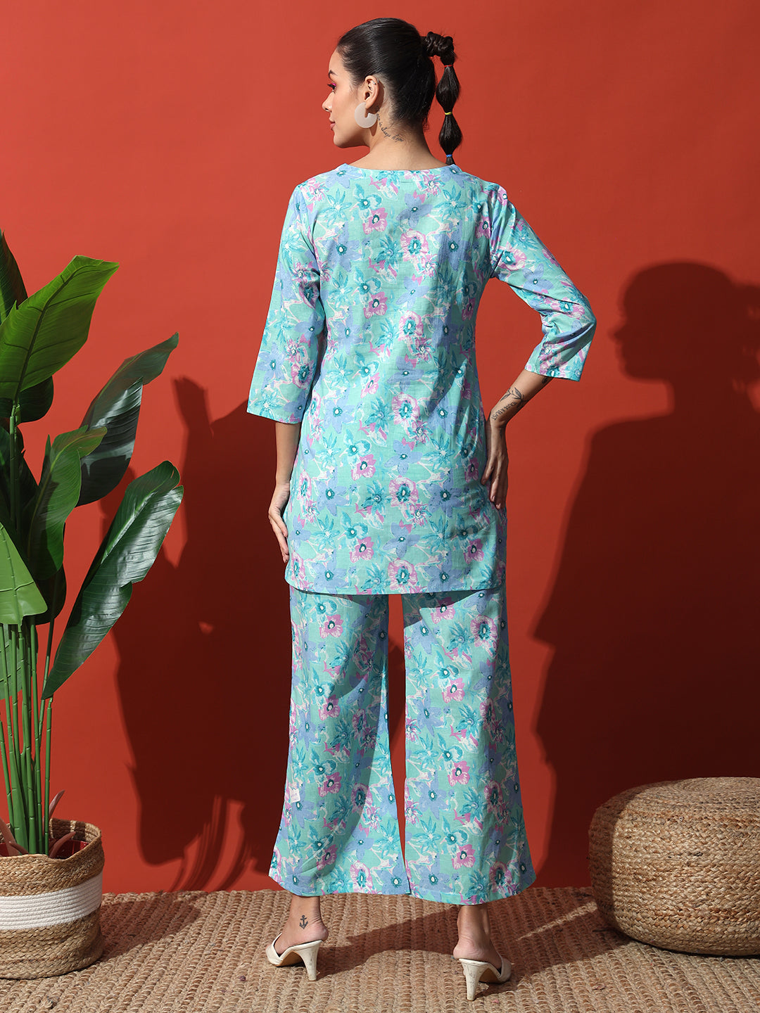Sky Blue Flower Printed Cotton Co-Ord Set with Pallazo