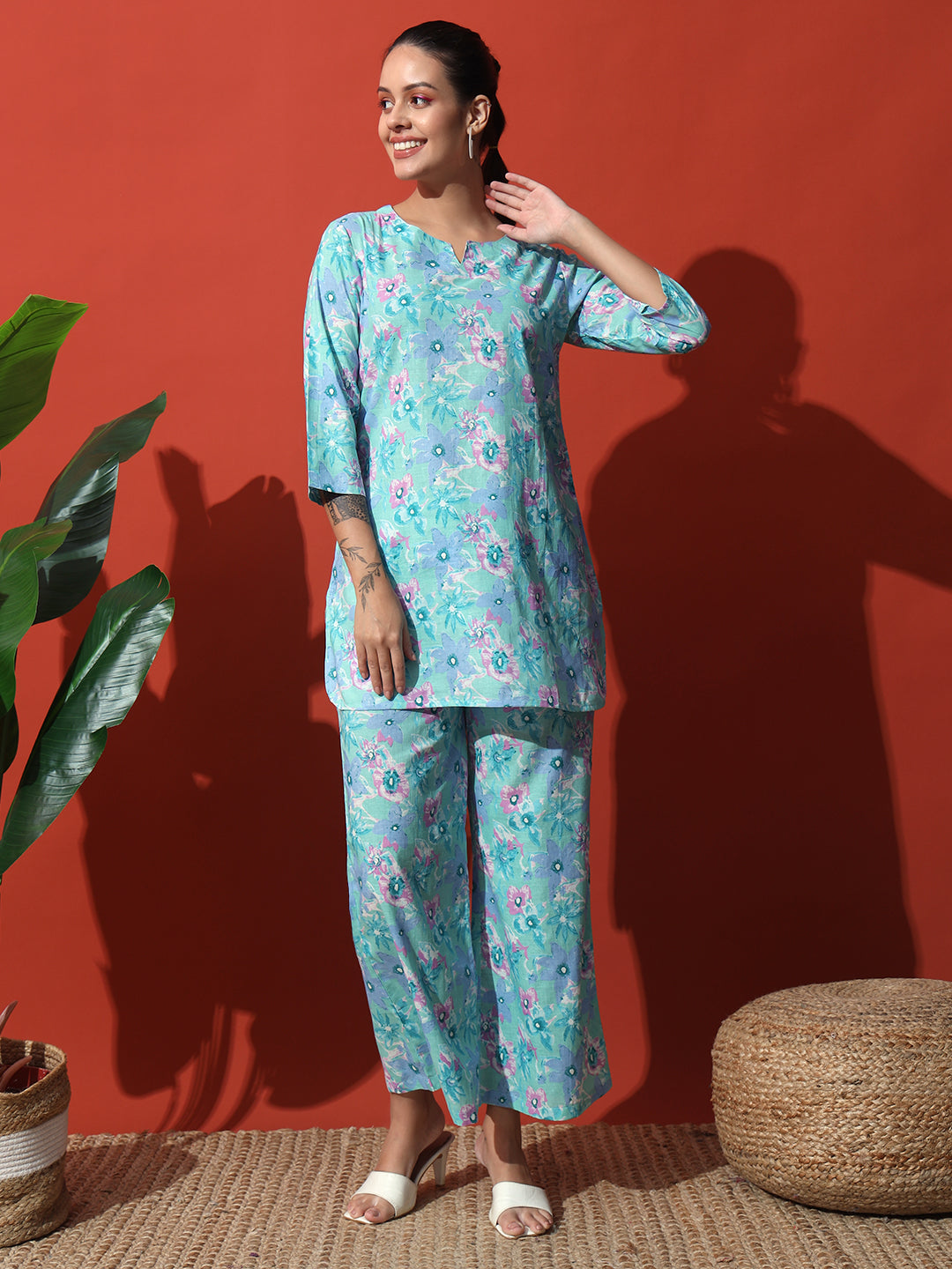 Sky Blue Flower Printed Cotton Co-Ord Set with Pallazo