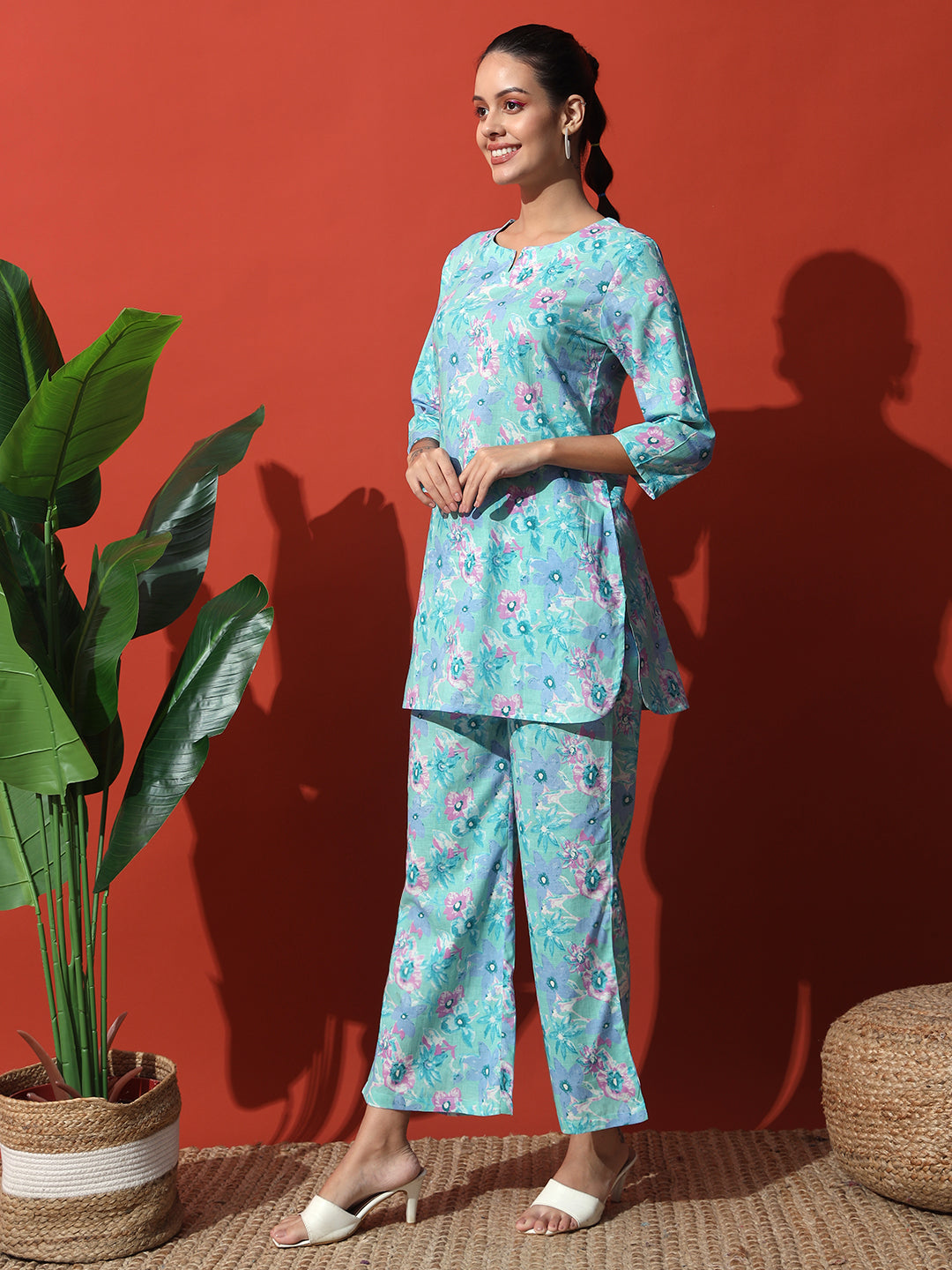 Sky Blue Flower Printed Cotton Co-Ord Set with Pallazo