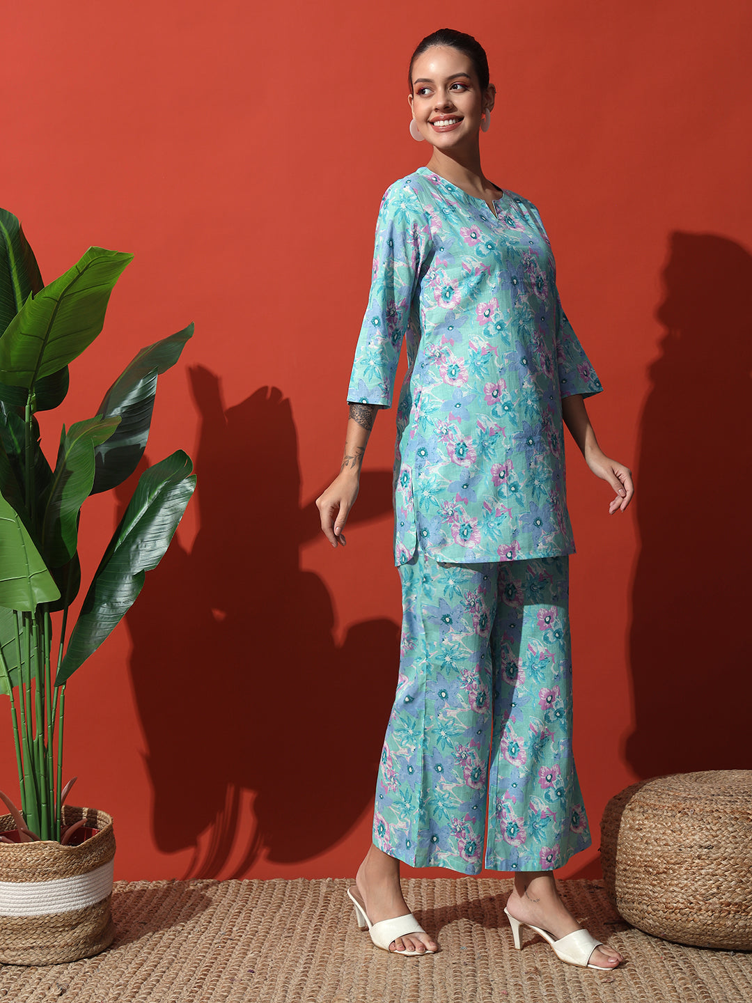 Sky Blue Flower Printed Cotton Co-Ord Set with Pallazo