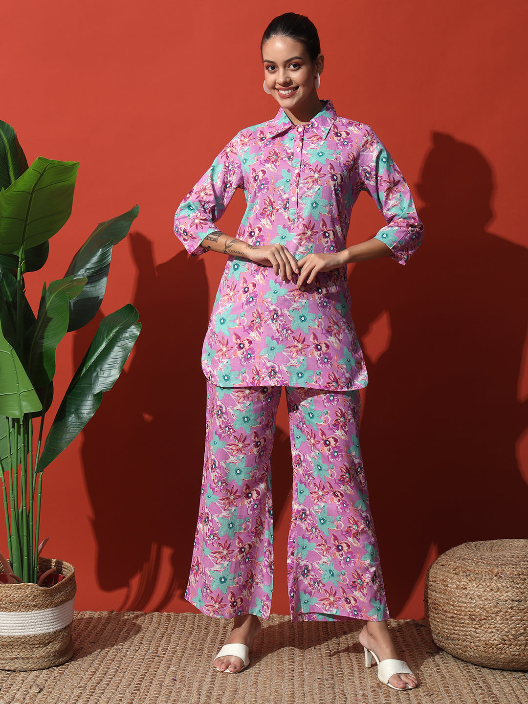 Floral Printed Cotton Kurta with Trouser Co-Ord Set