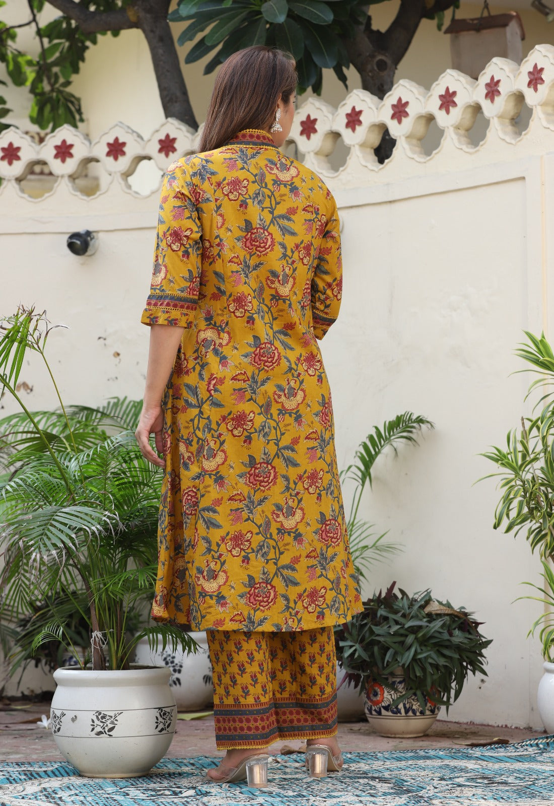Ajrak Printed Neck Hand Work Anarkali Mustard Kurta with Pant and Dupatta