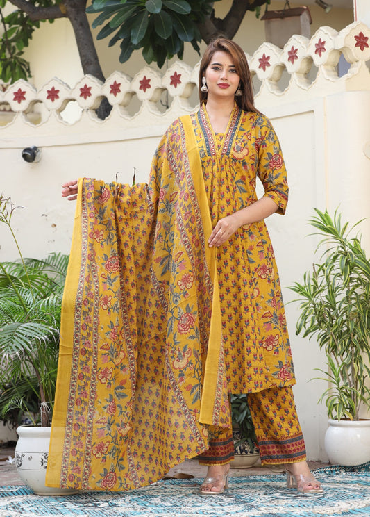 Ajrak Printed Neck Hand Work Anarkali Mustard Kurta with Pant and Dupatta