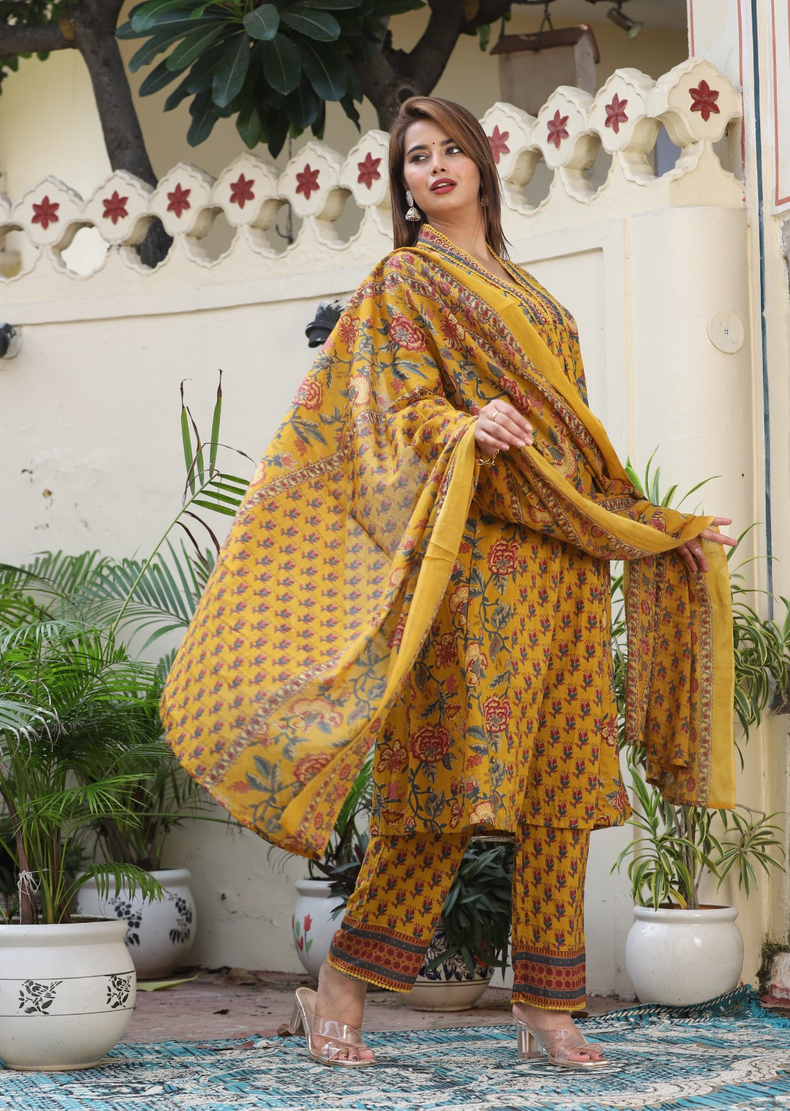 Ajrak Printed Neck Hand Work Anarkali Mustard Kurta with Pant and Dupatta